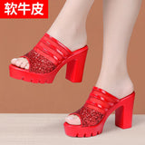 Thick-Heeled Fishmouth Fashionable Women Wearing Sandals And Slippers 2023 Summer Thick-Soled Waterproof Gauze Soft Leather