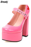 Pumps Round Toe Chunky Block Heel Ankle Strap With Heart 2023 Spring Brand New High Heels Mary Janes Women