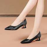 Leather Pointed Toe Shallow Casual Low Heels Shoes Luxury Rhinestone Non-Slip Office Shoes Vintage Slip On Women Single