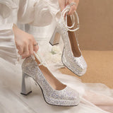 2023 Luxury Glitter Sequins Pumps Women Pearls Strap Bling Wedding Party Shoes Woman Square Toe High Heels Shoes