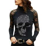 Turtleneck Lace Patchwork Long Sleeve Shirts 2021 Spring Autumn Ladies Casual Sexy Tops Black Y2k Skull Print