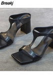 Women's High Heel Shoes 2023 Spring New Slippers Fashion Versatile Solid Color Medium Heel Thick Heel Square Toe Sandals
