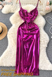 Sexy V-neck Sleeveless Women Summer Dress Elegant Spaghetti Strap Backless High Waist Split Evening Party Maxi