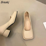 Low-Heeled Single Shoes Women Simple Retro Shoes Woman Square Toe Spring Autumn Flat
