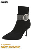 Women's Plus Velvet Winter New Rhinestone Chain Temperament Pointed Toe High-heeled Ankle Boots Women's Fine-heeled Suede