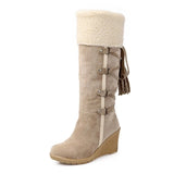 Knee-High Boots Winter Snow Boots Wedges Keep Warm Shoes for Women Tassel High Heel Boots Cotton-padded Knee High