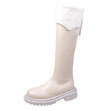 Winter Platform Boots Leather Fur Boots Thigh High Flat Boots Black White Botas Knee High Shoes Goth Punk Riding
