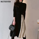 Stylish Half Turtleneck Women Sweater Dress Long Sleeve Slim Belted Female Patchwork Pleated Dress Knitted