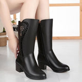 Women Fur Boots Winter Shoes High Heels Velvet Black Leather Booties Woman Snow Botas Fashion Designer Size 41