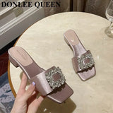 Jewel Slides Women Shoes Open Toe Flat Heels Slip On Mules Crystal Slippers Brand Rhinestone Square Buckle Sandals