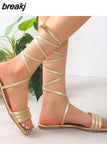 Summer Shoes for Women Fashion Open Toe Flat Sandals Solid Color Women Shoes Sexy Lace Up Sandalias De Mujer Plus Size