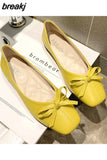 Women Bow Flats Leather Slip on Flat Shoes For Woman Shallow Single Shoes Butterfly Knot Loafers Green Ladies Boat Shoes