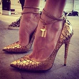 Lock High Heel Pointed Toe Pump Ankle Strap Metal Heels Padlock Pumps Low Cut-out Patchwrok Banquet Dress Shoes Plus
