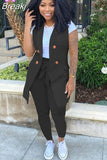 Striped Print Two Piece Set Women Sleeveless Blazer Coat And Sashes Pants Outfits Office Lady Elegant Work 2pcs