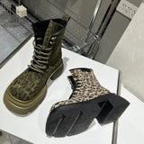 Boots for Women Sexy Leopard Lace-up Round Toe Square Heel Platform Boots Retro Trend Shoes Botas Altas Plataforma