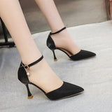 Solid Color High Heels Women's 2023 Summer New Girl Net Red Sexy One Word Buckle Casual Comfortable Shoes