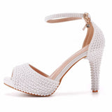 Queen Women Summer Sandals Sexy Bride Wedding Party White Shoes Peep Toe Thick High Heels Beige Pearl Platform