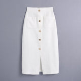 Women White Tweed Midi Skirts With Pockets Fashion A Line Split Button Fly Skirts Office Lady High Waist Skirt