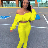 2021 Summer casual women off shoulder top stacked leggings two piece outfits sporty fitness activewear slim matching