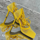 Women Pumps Thin High Heels Sexy Sandals Shoes For Woman Fashion Square Toe Mesh Ankle Strap Pumps Sandals Ladies