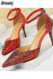 Elegant Party Sandals Metal Stiletto Glitter Pumps Luxury Women's Wedding Shoes Bride Gold Silver 2023 Women High