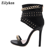 2023 New Rivet Metal Decoration Cover High Heels Sandals Boots For Women Party Gladiator Black Ladies Shoes Size
