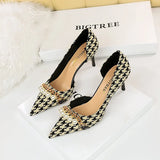 Breakj Korean Version With High Heel Shallow Mouth Pointed Head Side Hollow Cloth Plaid Grain Pearl Metal Chain Thousand Bird Case Single