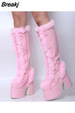 New Pink White Platform Women Knee-high Boots 2023 Winter Warm Plush Flock Gothic Style Chunky Heel Punk Women Shoes