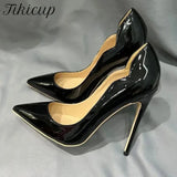 Curl Cut Women Solid Black Patent Pointy Toe High Heel Shoes Elegant Pumps Customize Stilettos Size 46 8cm 10cm