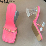 PVC Jelly Slippers Female Mules Slides Women Chain Designer Transparent Perspex High Heels Sandals Summer Clear Shoes