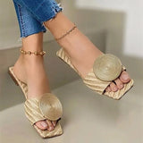 New Fashion Beach Shoes Woman Summer Flat Sandals Plus Size Round Buckle Solid Flats Female Casual Slippers Ladies