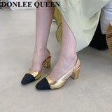 Elegant Mixed Color Slingback Sandals Women Elastic Band Back Strap Heel Pumps Brand Design Shoes Mule Dress Party