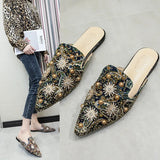 Breakj Baotou Cool Drag Female Summer Fashion Outside Wear 2023 New Korean Flat Shoes Rivets Shiny Pointed Half
