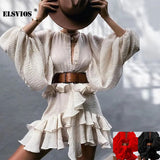 Early Autumn Women New O Neck Lantern Sleeves Dress Casual Solid Color Thin Ruffled Dresses Office Lady Party