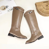 New Women Motorcycle Booties Belt Strap Metal Shark Lock Flat Heel Knee High Boots Woman Shoes Genuine Leather Botas