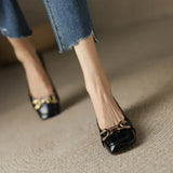 Shoes Retro Square Toe Leather Loafers for Women 2024 New Spring Fashion Elegant Metal Buckle Female Pumps Zapatos