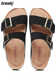 New Summer Men Beach Slides Shoe Casual Cork Nubuck Leather Outdoor Fashion Double Buckle Slippers