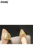 Metal Buckle Mink Fur Ballet Flats Women Pointed Toe Warm Plush Loafers Female Outdoor Winter Mules Shoes Big size