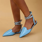 Ankle Strap Flats Women Summer 2023 Satin Pointed Toe Mules Sandals Woman Crystal Decor Party Slingback Shoes