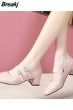 Spring Autumn Women Double Buckle Mary Janes Shoes Patent Leather Dress Shoes High Heels Pumps Retro Ladies Shoe Black