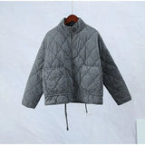 Old Pocket Checkered Cotton Jacket Female Casual Stand Collar Zipper Cotton-padded Thin Coat Female Restro
