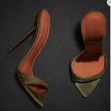 High Heel Mules Green Suede Pointed Toe Stiletto Heel Dress Shoes Slip-on Open Toe Thin Heels Slippers Plus Size