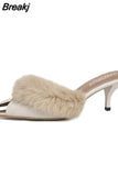 Sexy High Heels Women Fashion Fur Wedding Women Shoes 2023 New Suede Flip Flops Stiletto Pointed Toed Slippers