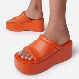 Platform Slippers for Women Square Toe PU Leather Wedge Sandals Woman Summer 2022 Thick Bottom Female Flip