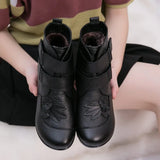 Genuine Split Leather Ladies Ankle Short Boots Soild Flat Flower Round Toe Plush Platform Women