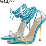 Size 35-42 Fashion Rhinestone Transparent Sandals Women Black Silver Strappy Heels Sexy Pointed Toe Lace-Up Wedding