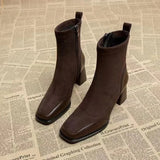 Women's Boots Square Toe Solid Shoes for Women Trend Outdoor Short Tube Boots Square Heel Zippered High Heels Zapatos De