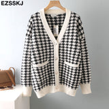 black thick Houndstooth sweater cardigans jacket ladies new women thick sweater coat v-neck cardigan jacket coat