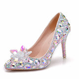 Quee Cinderella Glass Slipper With Money Pointed High-Heeled Fine With Rhinestone Sequins Bridesmaid Wedding