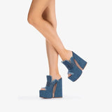 Platform Slippers Women Sexy Peep Toe Super-high Heel Sandals Large Size Fashion Designer Denim Fringe Women Mules